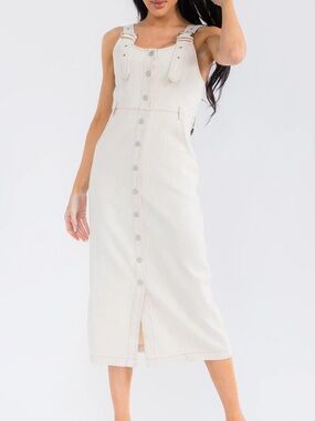Cream Denim Button-Front Midi Dress 100% Cotton, Sleeveless Buckle Strap